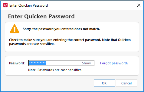Enter quicken password dialog Enter quicken password dialog
